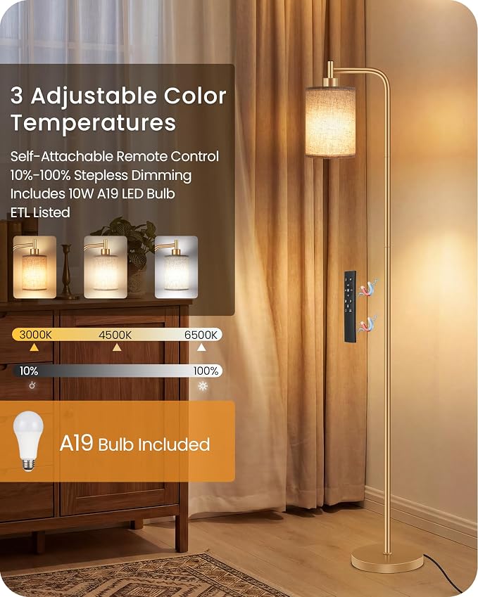 2Pack Dimmable Floor Lamp for Living Room with Remote and Foot Switch, Modern Standing, Corner Lamp,10W Bulb 3 Color Temperatures, for Bedroom, Office, ETL Listed, Gold and Beige DE19LDP205