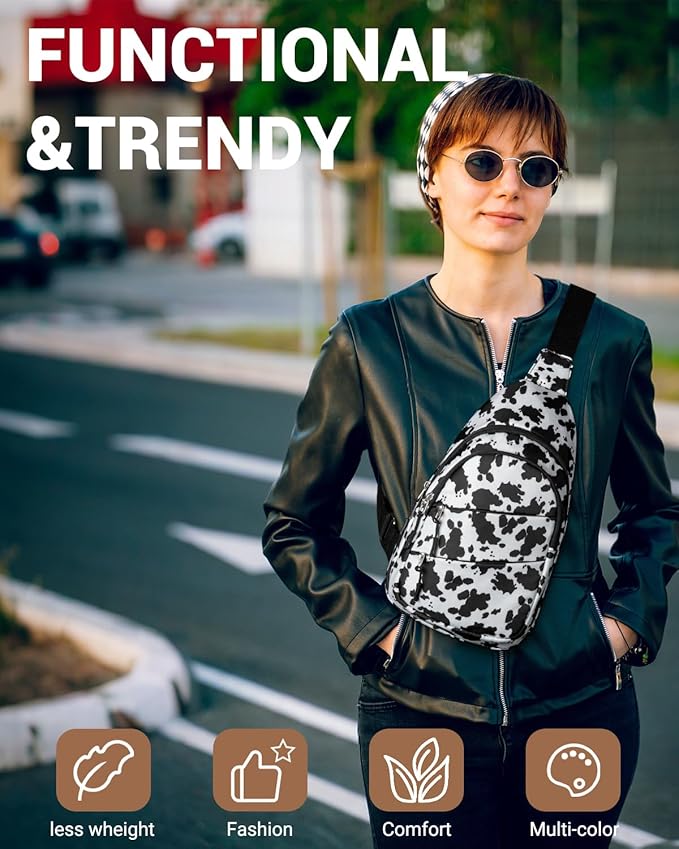 Tuwubi Crossbody Bags for Women, Sling Bag for Men, Small Hiking Backpack Anti Theft Lightweight for Outdoors Travel （M, Cow Print）