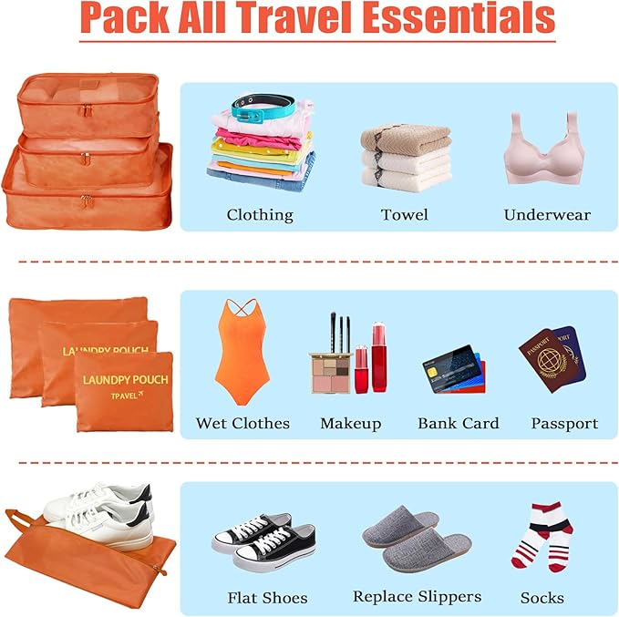 7 Set Packing Cubes for Travel Luggage Packing Bags Reusable Waterproof Suitcase Organizer Bags Set with Shoe Bag and Toiletry Bag (Orange)