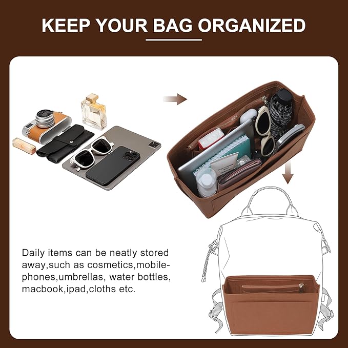 Doxo Backpack Organizer Insert for Longchamp Le Pliage L Backpack | Felt Material with 8 Compartments & YKK Zipper Pocket | Custom-Fit Longchamp Backpack Insert (LB, Gold Brown)