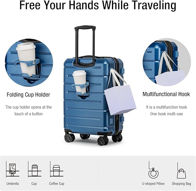 KYME Carry On Luggage 22x14x9 Airline Approved Hardshell Carry On Suitcases with Wheels Travel Rolling 20 Inch Luggage with Cup Holder for Women Men,Carry-on Blue