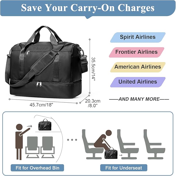 Travel Duffel Bag for Women, Carry-on Overnight Weekender Bags with Wet Pocket & Toiletry Bag, For Spirit Airlines 18x14x8 Personal Item Bag,Small,Black
