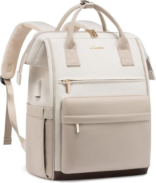 LOVEOVOOK 15.6 Inch Laptop Backpack for Women, Large Capacity Travel Backpack with USB Charging Port, Waterproof Work Backpack for Business, College, Nursing & Airline Travel,Nude White