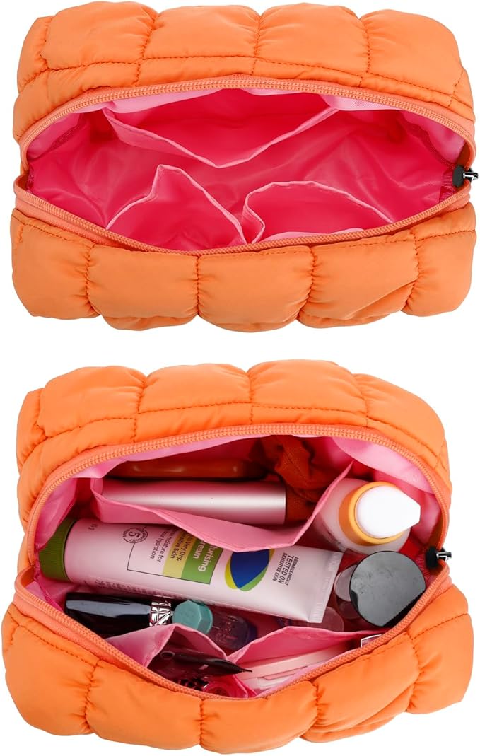 E-Tree Cute Makeup Bag,Quilted Cosmetic Bag,Make up Pouch for Purse,Toiletry Zipper Pouch,Checkered Bag,Travel Case,Storage Pouches for Organization Orange