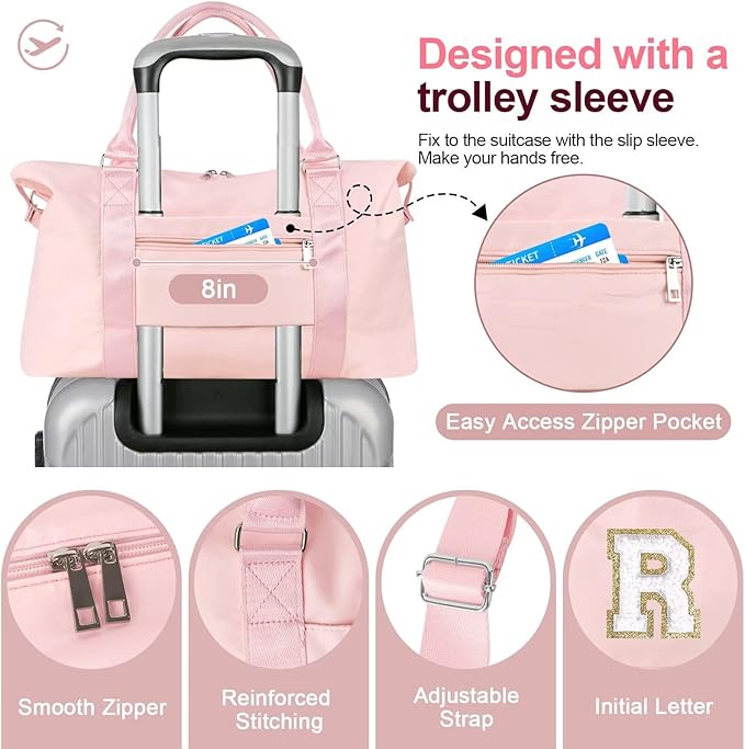 Dance Gym Duffel Bag for Teen Girls, Personalized Initial Travel Weekender Bag,Cute Overnight Carry On Duffle for Women,Sports Travel Cheer Bag,Monogram Christmas Gifts for Tween Preppy(pink-R)