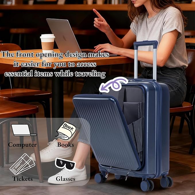 2 Pcs ABS Spinner Luggage Set - 14" Cosmetic Case & 20" Carry-On with Combination Lock, Front Opening Design, Navy Blue