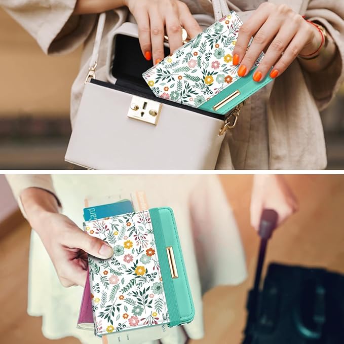 Passport Holder Cover, RFID Travel Wallet Credit Card Holder Green Cute Floral Passport Book Holders for Women with Elastic Band and Golden Metal Decoration, Green Daisy