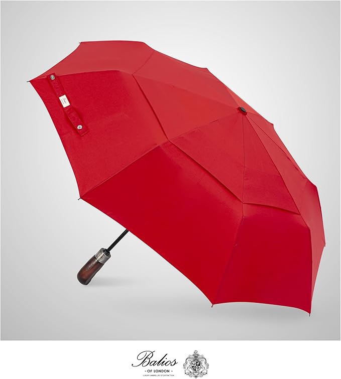 Balios Travel Folding Umbrella with Real Wood Handle Auto Open Close Vented Windproof Canopy - Designed in UK