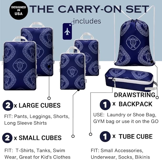 6-Set Compression Packing Cubes for Travel with Drawstring Backpack-Luggage Organizers for Suitcase-Water Resistant, Lightweight Vacation Essentials, Blue Turtle