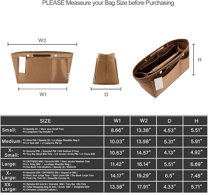 ZTUJO Purse Organizer Insert For Handbags, Silky Bag Organizer With 2 Zippers For Speedy Neverful Tote and More (Brown, Small)