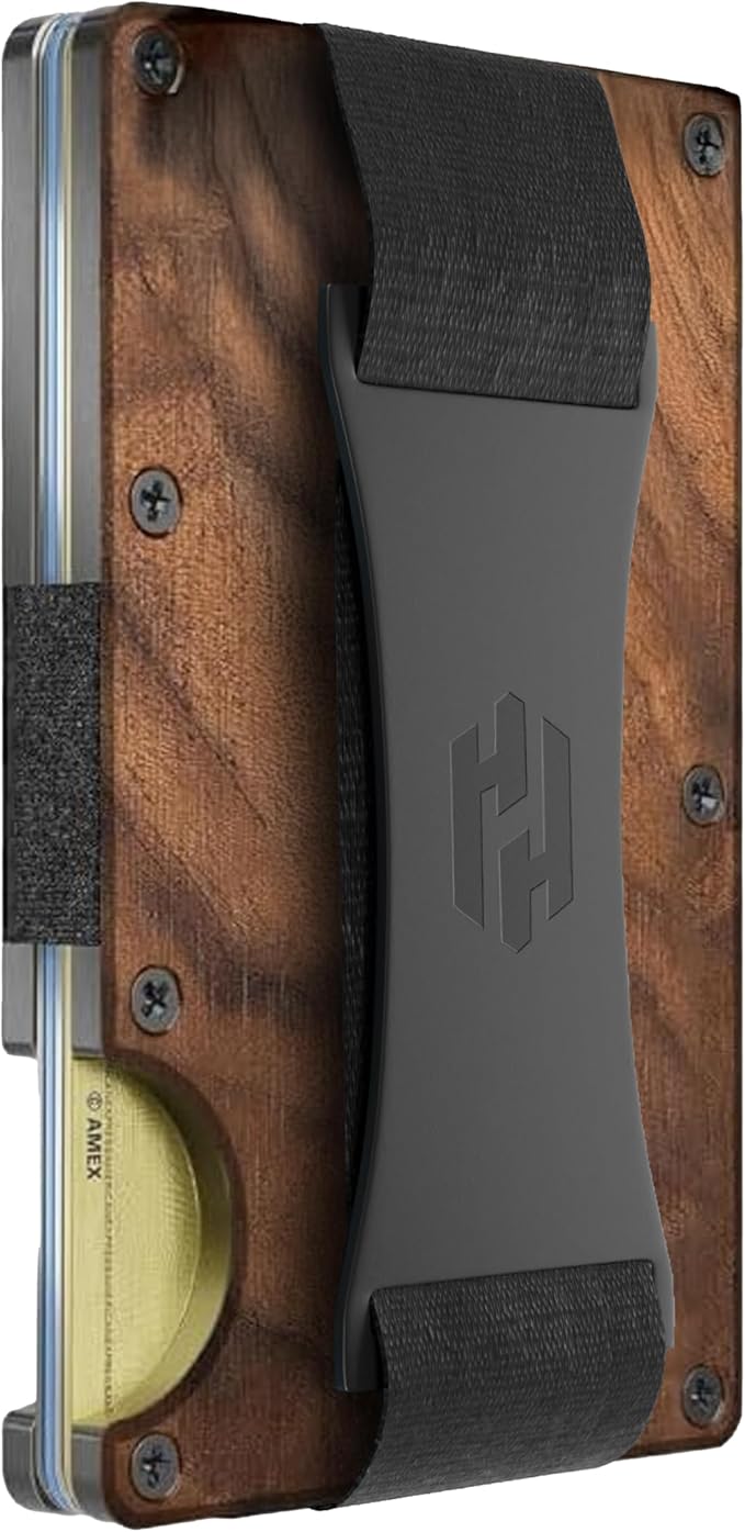 Hayvenhurst Wallet For Men - Reinvented Design Men's Wallet - Slim, Minimalistic & Seamless, Blocks RFID Scanners with a Cash Strap (Walnut Wood)