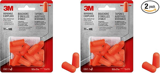 3M Disposable Earplugs, 7 Pairs (14 Total Plugs), Noise Reduction Rating (NRR) 32 dB, Easy to Insert & Remove, Expandable & Contoured for Comfortable Fit, Orange Ear Plugs (92077H7-DC) (Pack of 2)
