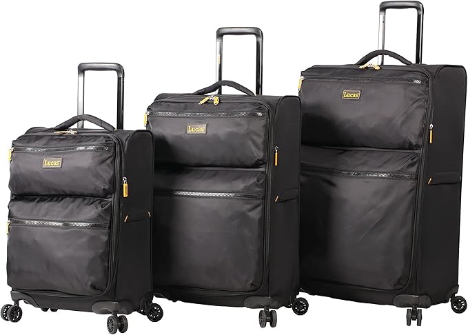 LUCAS Designer Luggage Collection - 3 Piece Softside Expandable Ultra Lightweight Spinner Suitcase Set - Travel Set includes 20 Inch Carry On, 24 Inch & 28 Inch Checked Suitcases (Black)