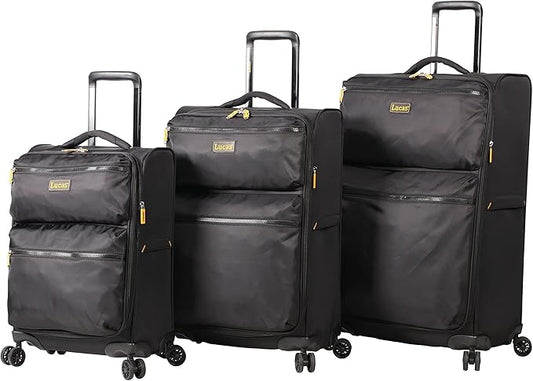 LUCAS Designer Luggage Collection - 3 Piece Softside Expandable Ultra Lightweight Spinner Suitcase Set - Travel Set includes 20 Inch Carry On, 24 Inch & 28 Inch Checked Suitcases (Black)