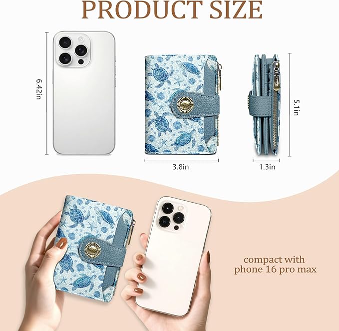 Icycay Sea Turtle Small Wallet Women RFID Blocking Bifold, Credit Card Holder, Zipper Coin Pocket, PU Leather, Cute, Compact, Travel, 4 ID Window, 14 Card Slots, Cash Purse, Ladies Woman Female Girls