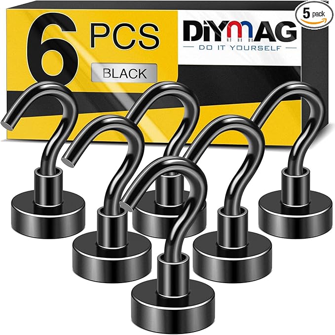 DIYMAG Magnetic Hooks, 30lbs+ Magnet Hook 2026 Cruise Cabin Ship Essentials Heavy Duty Strong Magnets Refrigerator Fridge Hanging for Classroom Beach Vacation Kitchen Grills Home 6 Pack (Black)