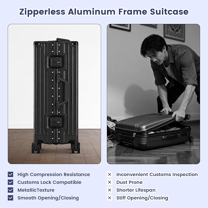Zipperless Suitcase, 28 Inch Checked Luggage, Hardshell Aluminum Frame Polycarbonate Luggage with Phone Holder, Cup Holder, Charging Port, TSA Lock, Spinner Wheels for Vacations, Black