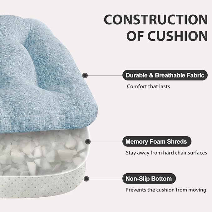 Quilmfoam 16.5"x15.5" Kitchen Chair Cushions Set of 4 for Dining Chair, Soft Tufted Non-Slip Memory Foam Seat Cushion with Ties for Indoor Kitchen Dining Furniture, Light Blue