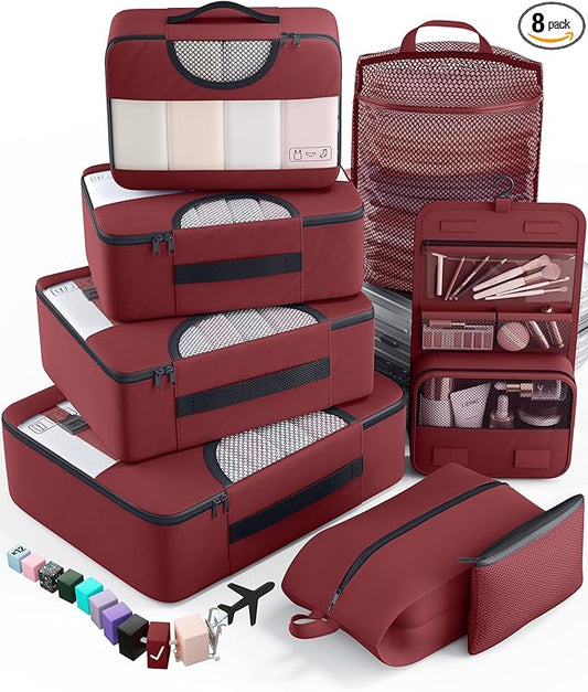 Veken 8 Set Packing Cubes for Travel Essentials, Gifts for women, Suitcase Organizer Bags in 4 Sizes, Carry-On Luggage Accessories with Large Laundry & Hanging Toiletry Bag, Must-Have for Airplane