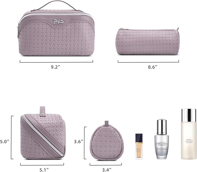 BOYATU Travel Makeup Bag Cosmetic Bags for Women: Large Capacity 3 Pcs Set Make up Bag with Compartments - Waterproof Vegan Leather Toiletry Organizer Bags with Handle (L55Light Purple)