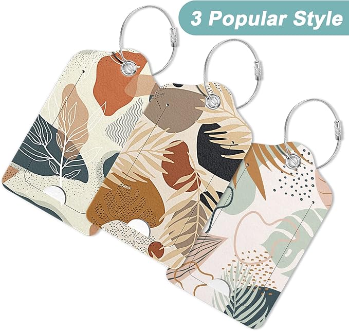 Rimilak 3 Pcs PU Leather Luggage Tags for Suitcase, Travel Cruise Luggage Tag with Privacy Flap, Name ID Label and Metal Loop for Women Men Baggage Handbag School Bag Backpack, Boho Plant