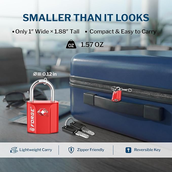 Forge 1''x1'' TSA Approved Luggage Locks: Ultra Secure dimple Key Travel Locks with zinc Alloy Body, for Luggage, Travel Cases, Backpacks, Red 2PK.