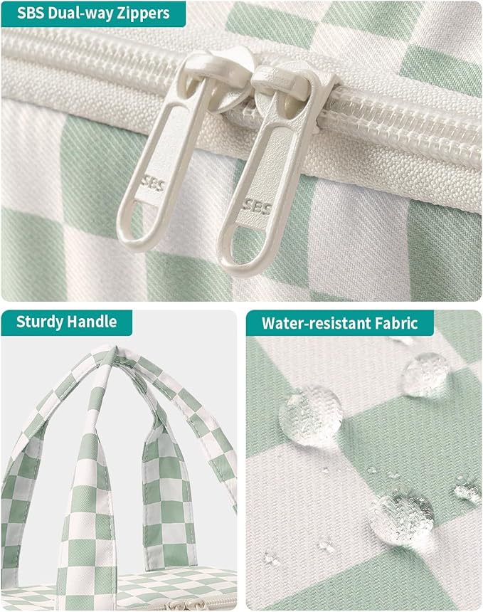 Narwey Checkered Travel Toiletry Bag for Women Large Makeup Bag, Wide-open Cosmetic Make Up Organizer with Handle, Travel Bag for Toiletries, Essentials, Accessories (Mint Green Checkerboard)