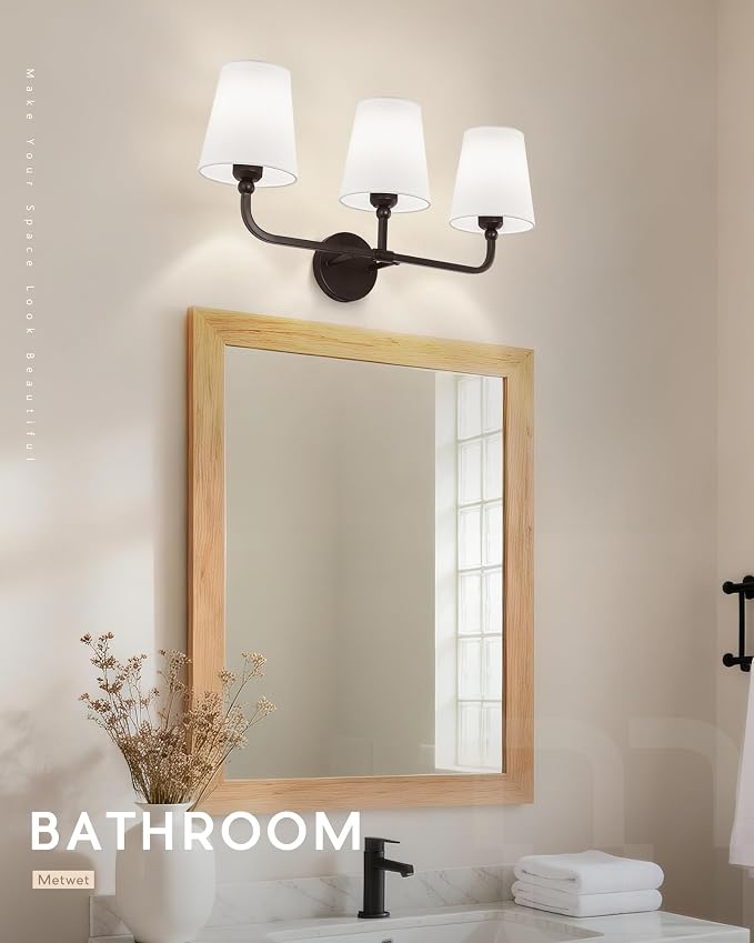 3-Light Oil Rubbed Bronze Bathroom Vanity Light, White Fabric | Ideal for 28-38" mirrors, 24.5" bathroom light fixtures over mirror, upward only, E26 base, bulbs not included, VL837-ORB-3