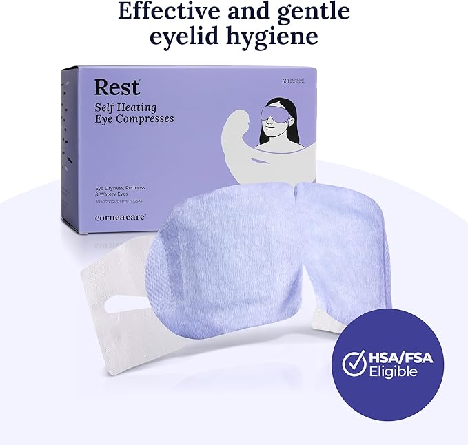 CorneaCare Rest: Self Heating Warm Compress for Dry Eyes | Heated Eye Mask for Fast Relief | Steam Mask for Stye Treatment | No Microwave or Washcloth Needed | Travel Ready Warm Compress | 30 Count