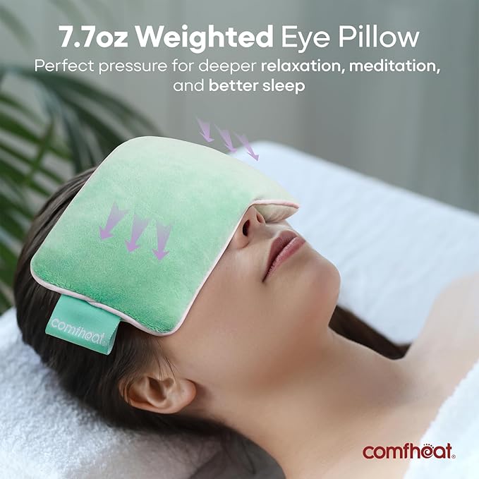 Lavender Weighted Eye Pillow - Soft Plush Removable Cover, Moist Heat & Cold Therapy, Natural Aromatherapy Eye Compress Pillow for Relaxation, Yoga, Meditation, and Sleep, Green