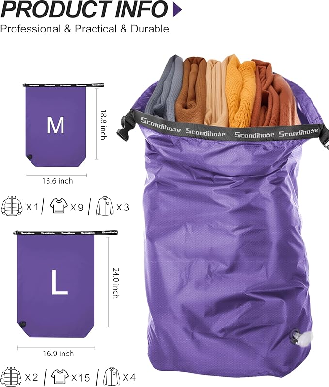 Travel Compression Laundry Bag for Dirty Clothes, Pump-Free Vacuum Space Saver Bag, Reusable Waterproof Wet Dry Bag, Travel Laundry Bag for Luggage, Packing, Suitcase (1 Pcs)（Purple, M)