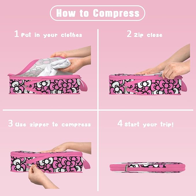 6 Set Kids Packing Cubes for Travel Carry On, Space Saving Compression Bags for Packing In Suitcase, Cute Pink Packing Organizers for Luggage Storage Girls Gift Trip and Family Vacation