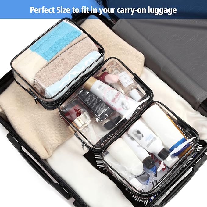 PACKISM TSA Approved Toiletry Bag 2 Pack - 1 Medium TSA Quart Carry-On & 1 Large for Checked Luggage, Water-resistant Clear Makeup Bag Clear Travel Bags for Toiletries, Active Black