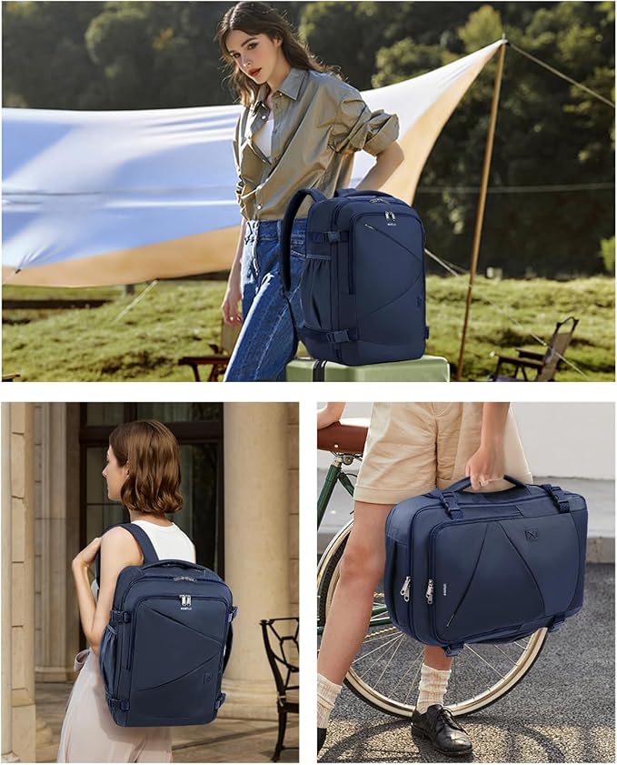 ECOHUB Carry On Travel Backpack, Expandable Airlines Personal Item Bag 18x14x8, Water Resistant 17 inch Laptop Backpack Flight Approved, 12 Pockets 30L Work Backpacks with Wet Pocket Cable Slot, Blue