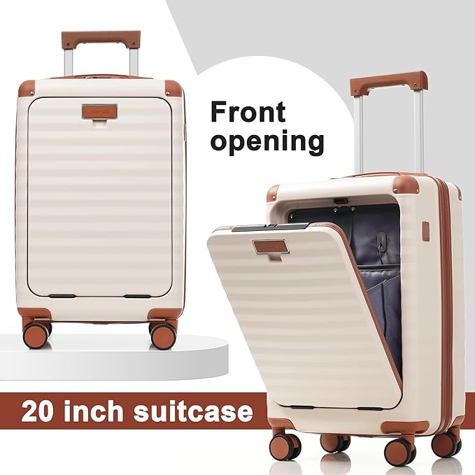 Merax Luggage Sets Front Opening, 3 Piece Hardshell Suitcase with Spinner Wheels and Bags,Lightweight Carry on Luggage with USB Port and Cup Holder,20+24+28,White and Brown