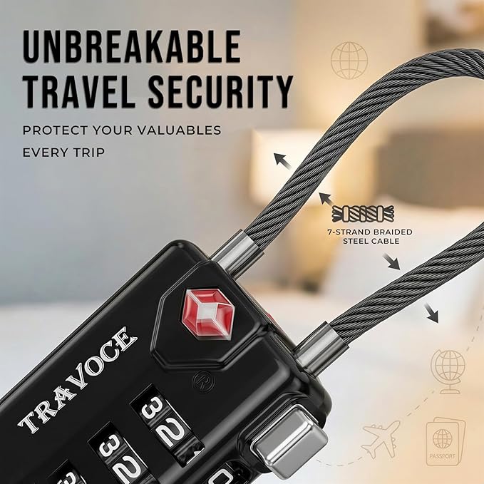 TRAVOCE TSA Approved Luggage Locks - Heavy Duty 3 Digit Combination Cable Lock, Search Alert for Suitcases, Backpacks, Golf Bags, Tents, Violin and Camera Cases, 1 Pack, Black