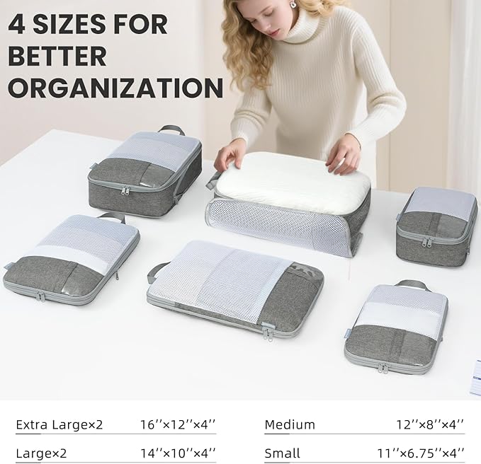 Compression Packing Cubes for Travel, Lightweight Vacation Travel Essentials, Travel Accessories for Suitcase Organizer Bags Set, Durable Luggage Organizer