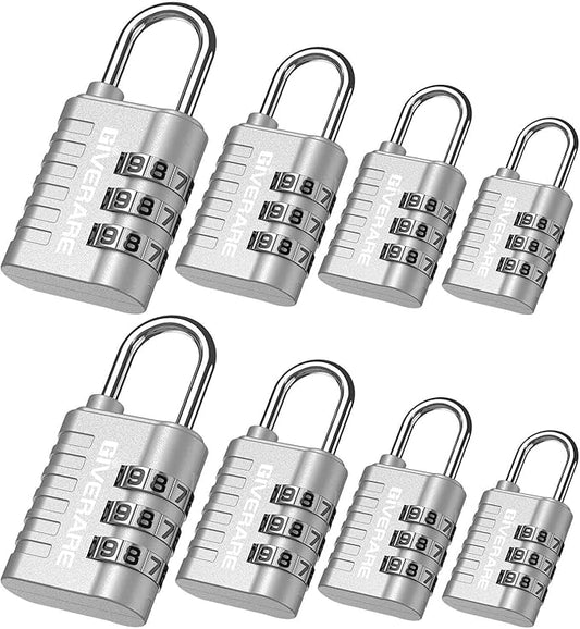 GIVERARE 8 Pack Combination Lock, 3-Digit Padlock Keyless, Resettable Luggage Locks for Backpack, Gym & School & Employee Locker, Weatherproof Travel Lock for Fence, Backyard Gate, Hasp, Case-Silver