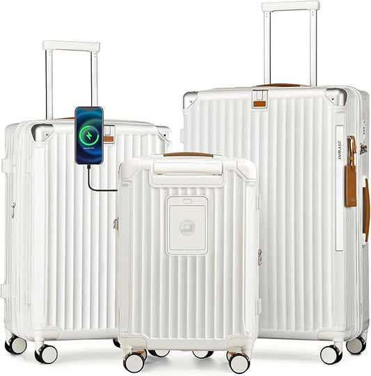 Joyway 3 Piece Set Hardside Expandable Luggage with USB Charging Port and Cup Holder, TSA Lock Spinner Wheels Suitcase for International Travel, Lightweight Carry On Checked Baggage, White