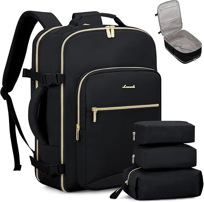 LOVEVOOK Travel Backpack for Women & Men 50L,Airline Approved Carry On Backpack Travel Essentials,TSA Carry on Luggage,Waterproof Personal Item Travel Bag,Suitcase with 3 Packing Cubes,Black-Black