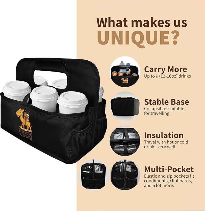 Reusable Drink Carrier with Handle – Durable No-Spill Insulated & Collapsible Beverage Bag with Pockets, Portable Caddy for On-the-Go Delivery, Travel & Car Use (6 Cup Carrier, Jet Black)