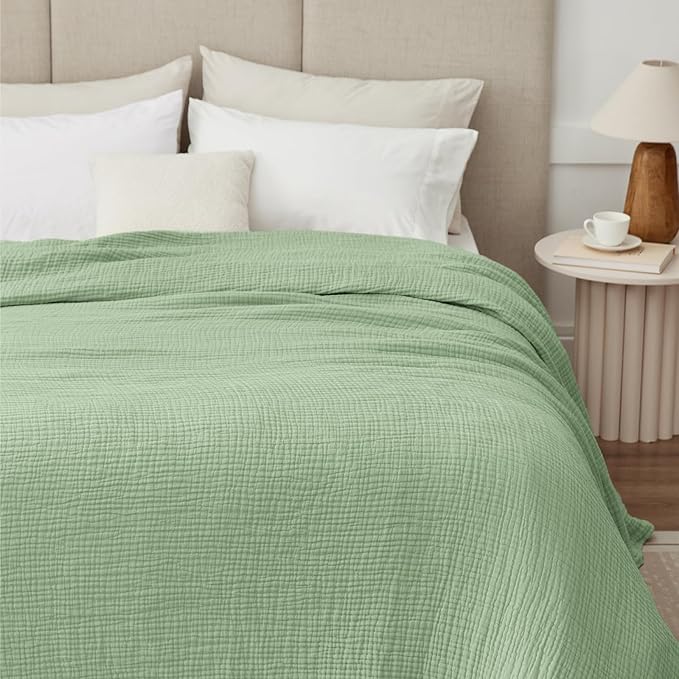 100% Cotton Muslin Blanket Queen 90" x 90", 6 Layers Breathable and Lightweight Cotton Throw Blanket for Bed, Soft Quilt Bedspread Coverlet, Gauze Blanket for Adults All Season, Sage Green
