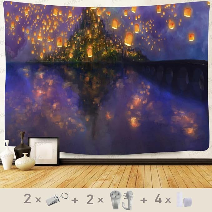 F-FUN SOUL Night Castle Tapestry, 60x51inchs Soft Flannel, Cartoon Castle lantern Fuzzy Pattern Wall Hanging Tapestries for Bedroom Living Room Decor GTOKFS0774
