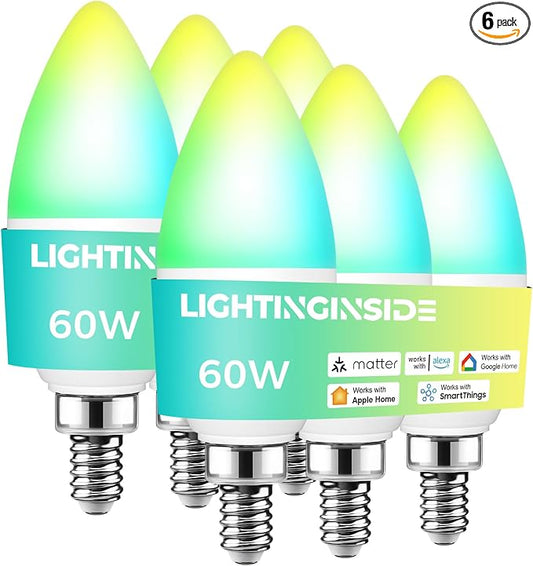 Matter Smart E12 LED Bulbs 60W, RGBCW Candelabra Light Bulbs | Compatible with Alexa/Apple Home/Google Home/SmartThings, 500LM 6W Candle Smart bulb ETL Listed 2.4G WiFi, Hub Required, 6PCS