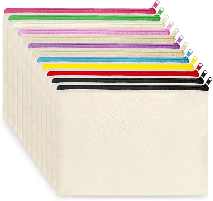 Koolmox Makeup Bags, 12 Canvas Pencil Case, Cotton Canvas Toiletry Pouch, Bulk Plain Cosmetic Bags for Women Vinyl Projects Crafts, 8x5'' Beige With Zippers of 10 Colors