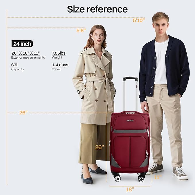 24'' Softside Expandable 15% Rolling Luggage with Double Spinner Wheels & w/LOCK,Lightweight Travel Luggage for Men Women（Burgundy-Grey,24in）