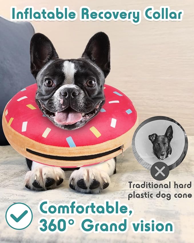 Inflatable Dog Pillow Cone Collar After Surgery, Donut Soft Neck Cone for Husky Border Collie Large Dogs, etc, Recovery E Collar to Stop Pink Donut