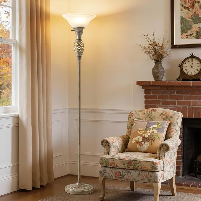 70" Torchiere Floor Lamps with NightLight, Standing Lamp with Glass Shade | Vintage Floor Lamp for Living Room, Bedroom, Office - Retro Floor Lamps with Rotary Switch, Home Decor, Bulb Included