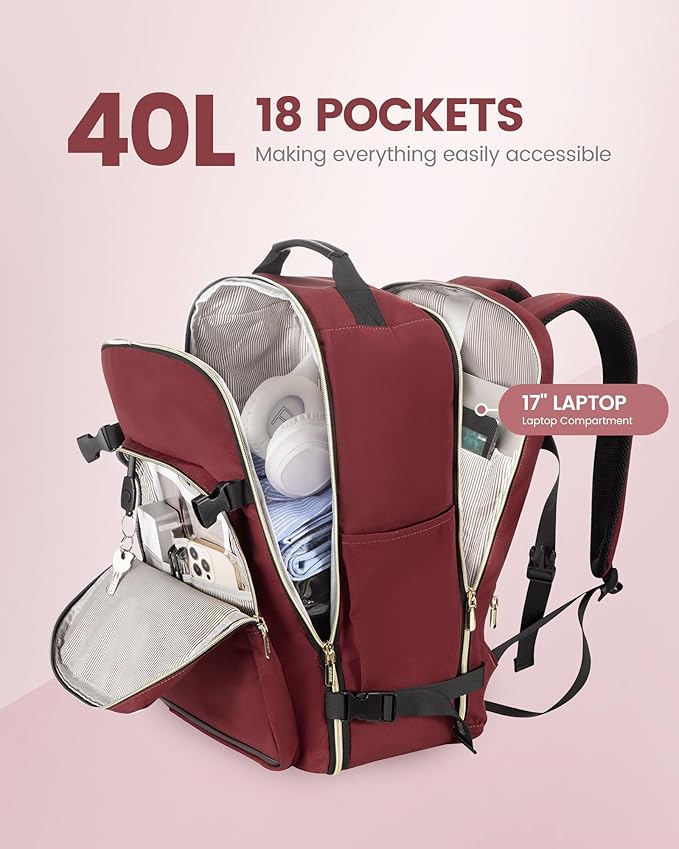 LOVEVOOK Travel Backpack for Women & Men 40L,Airline Approved Carry On Backpack Travel Essentials,TSA Carry on Luggage,Waterproof Personal Item Travel Bag,Suitcase with 3 Packing Cubes,Wine red-Black