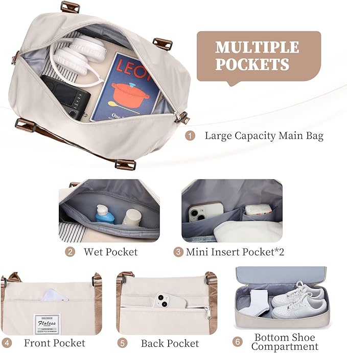 Weekender Bags for Women,Overnight Travel Duffel Bag with Shoes Compartment& Toiletry Bag,Extra Large(Beige & Brown)